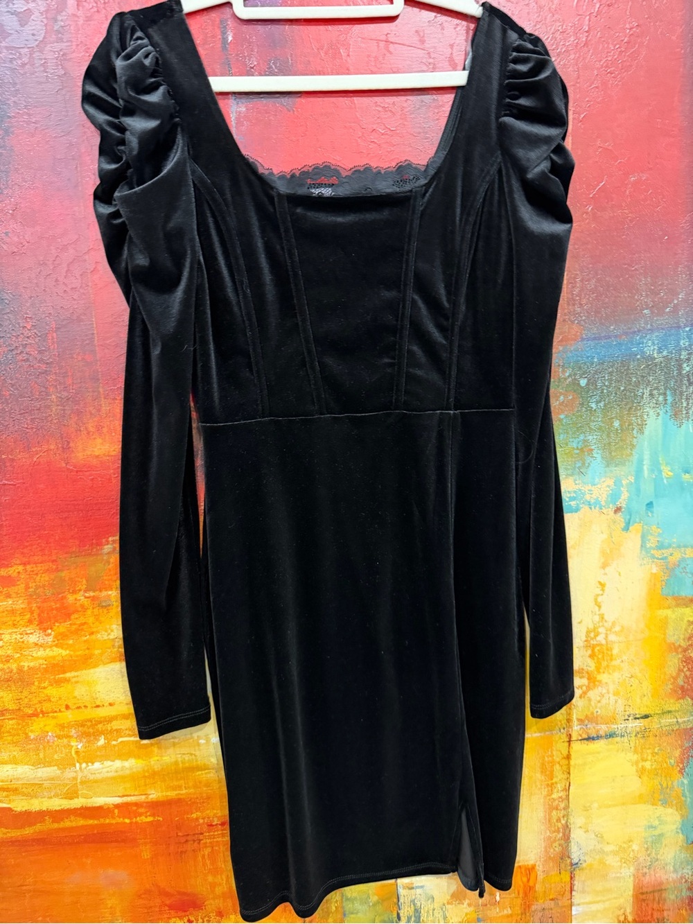 SO Black Velvet Long-Sleeve Mini Dress with Ruched Shoulders